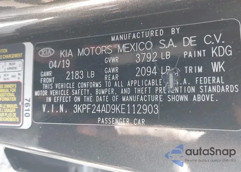 2019 Kia Forte Fe/Lx/Lxs z USA, uszkodzony, nr VIN 3KPF24AD9KE112903